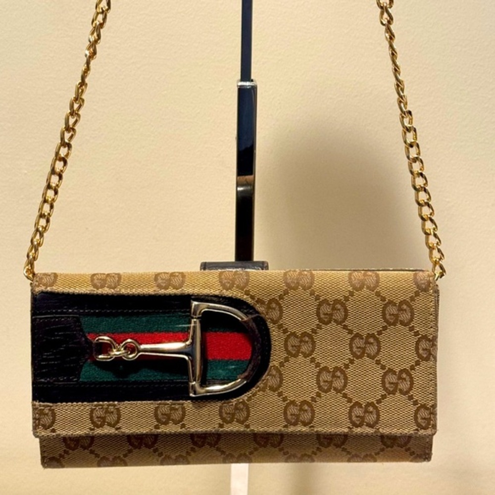 GUCCI BEIGE/EBONY GG CANVAS HORSEBIT LONG FLAP WALLET IN MINT CONDITION